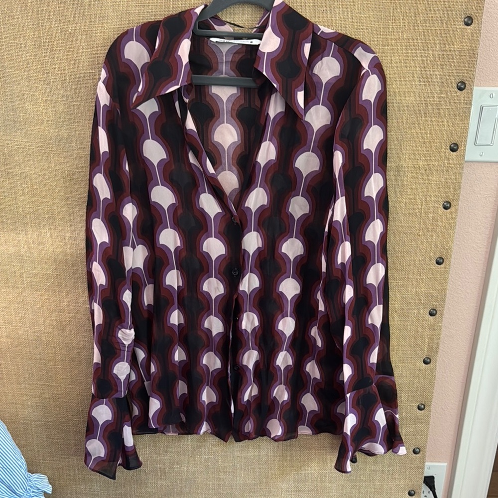 Zara Purple and White Graphic Long Sleeve Blouse